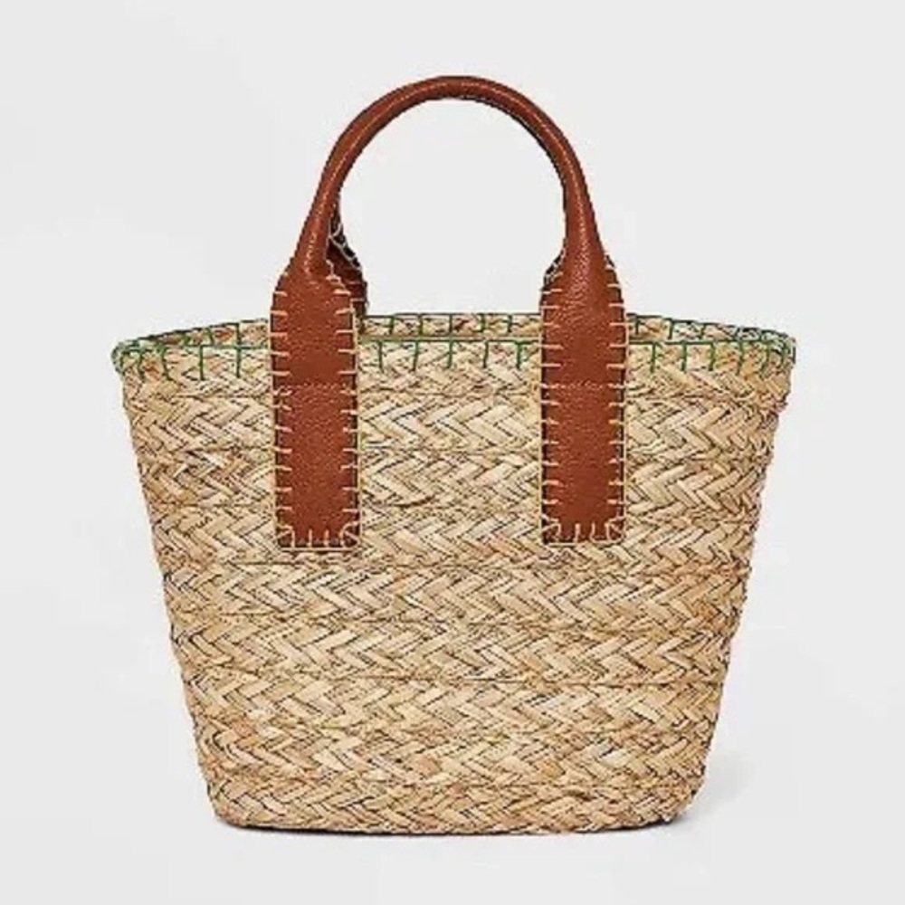 Woven Straw Tote with Brown Leather Handles